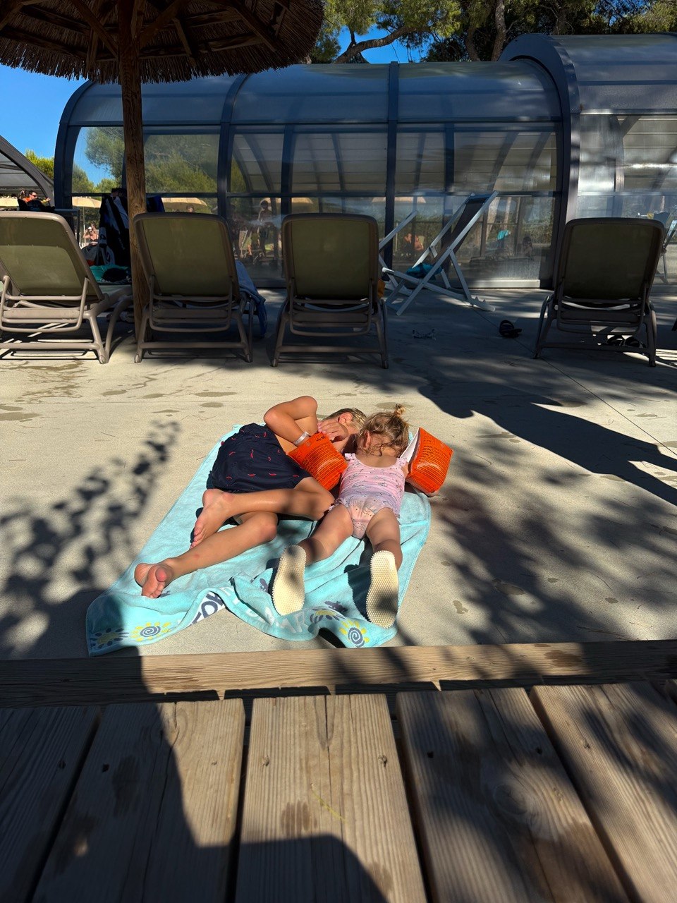 Mees en Pip die samen knuffelen bij het zwembad van camping Avignon Parc