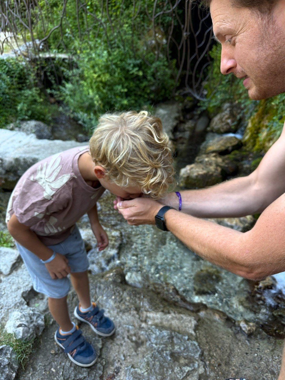 Mont Ventoux met kinderen. Mees drinkt uit de bron bij Source du Groseau